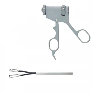 Pensa bipolara HIRSCH, fenestrata, maner tip inel din plastic, falci 17.5mm, D5mm,  L340mm