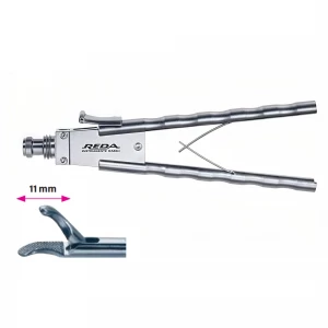 Portac, cu TC, curb stanga, maner axial drept, cu clichet, cu HF, pivotant, demontabil, falci 11mm, D5mm,  L330mm