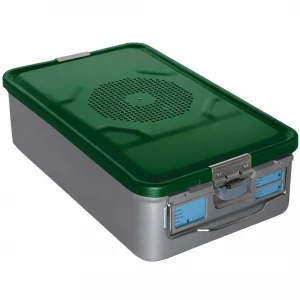 Container sterilizare 3/4, capac perforat, capac de siguranta, baza neperforata,  verde, 465x280x150mm