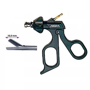 Foarfeca peritoneu, actiune singulara, dreapta, serata, maner ergonomic uni fara clichet, cu HF, pivotant, demontabil,  falci 10.5mm, D5mm, L450mm 