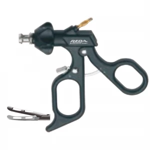 Pensa de prehensiune CROCE-OLMI, curba, atraumatica, fenestrata, maner ergonomic uni cu clichet, buton on/off, cu HF, pivotant, demontabil, falci 22mm, D5mm,  L330mm