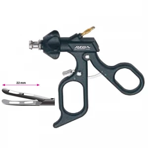 Pensa de prehensiune CROCE-OLMI, curba, atraumatica, fenestrata, maner ergonomic uni cu clichet, buton on/off, cu HF, pivotant, demontabil, falci 22mm, D5mm,  L360mm