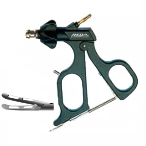 Pensa de prehensiune CROCE-OLMI, curba, atraumatica, fenestrata, maner ergonomic uni cu clichet, maneta on/off, cu HF, pivotant, demontabil, falci 22mm, D5mm,  L360mm
