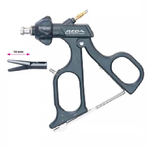 Pensa de prehensiune, actiune dubla, zimtata, varf conic, maner ergonomic uni cu clichet, maneta on/off, cu HF, pivotant, demontabil, falci 14mm, D5mm, L330mm 