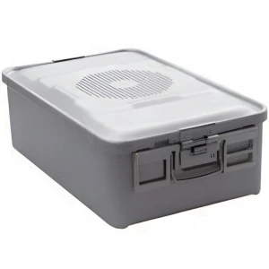 Container sterilizare 3/4, capac perforat, capac de siguranta, baza neperforata,  argintiu, 465x280x150mm