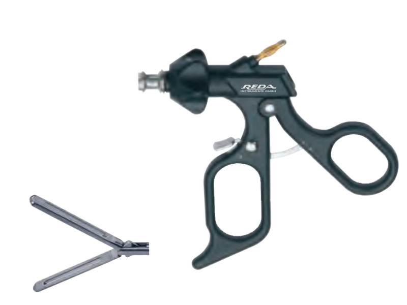 Pensa intestinala DORSEY, actiune dubla, maner ergonomic uni cu clichet, buton on/off, cu HF, pivotant, demontabil, falci 40mm, D5mm,  L330mm
