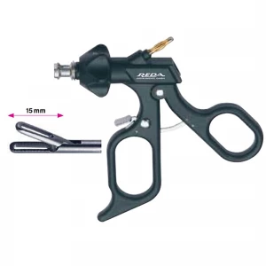 Pensa de prehensiune DUCK-BILL, actiune singulara, fenestrata, maner ergonomic uni cu clichet, buton on/off, cu HF, pivotant, demontabil, falci 15mm, D5mm,  L330mm