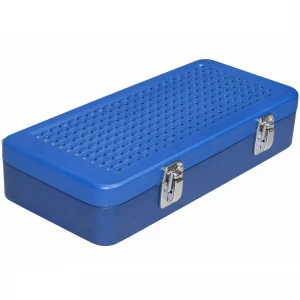 Container sterilizare, capac albastru perforat, baza perforata, fara filtru, 300x138x65mm 